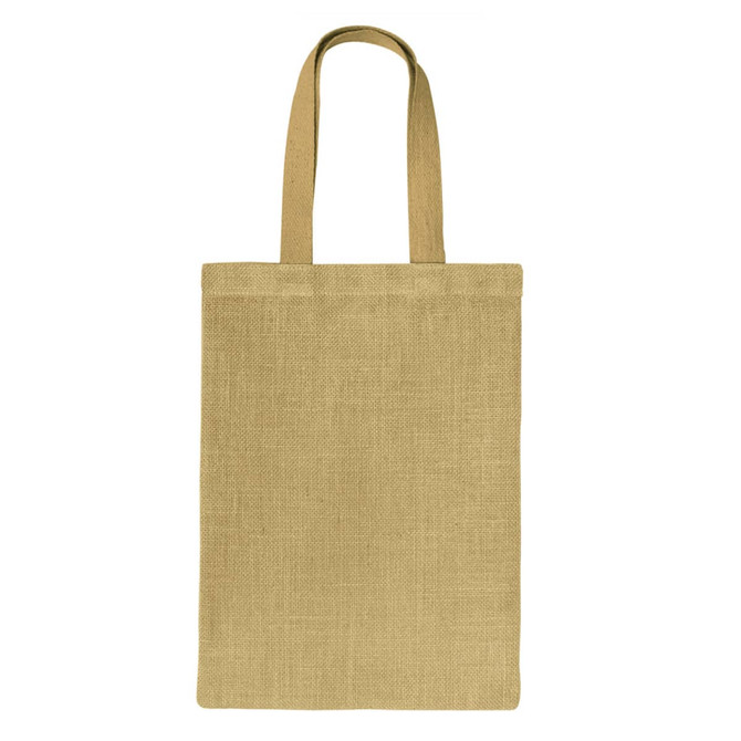 A jute tote bag in a natural beige colour with two sturdy handles and a simple design.