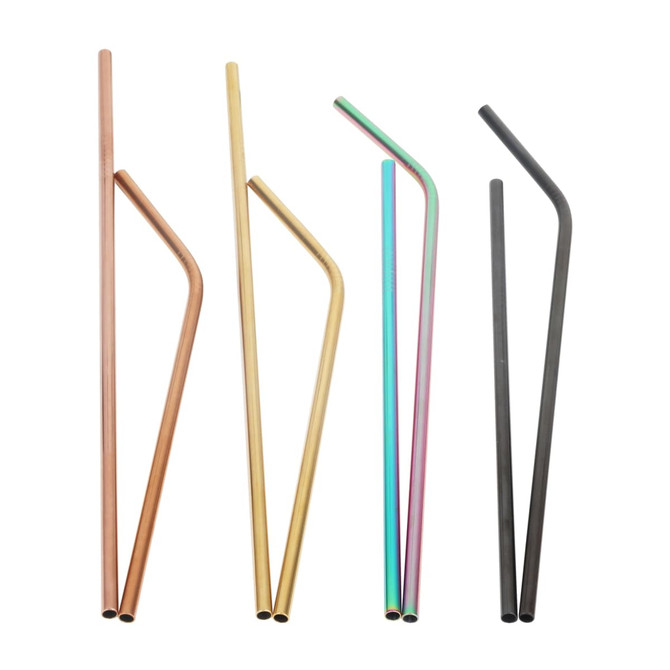A set of stainless steel straws in various colours: gold, copper, black, and multi-coloured. Each straw has a distinct shape.