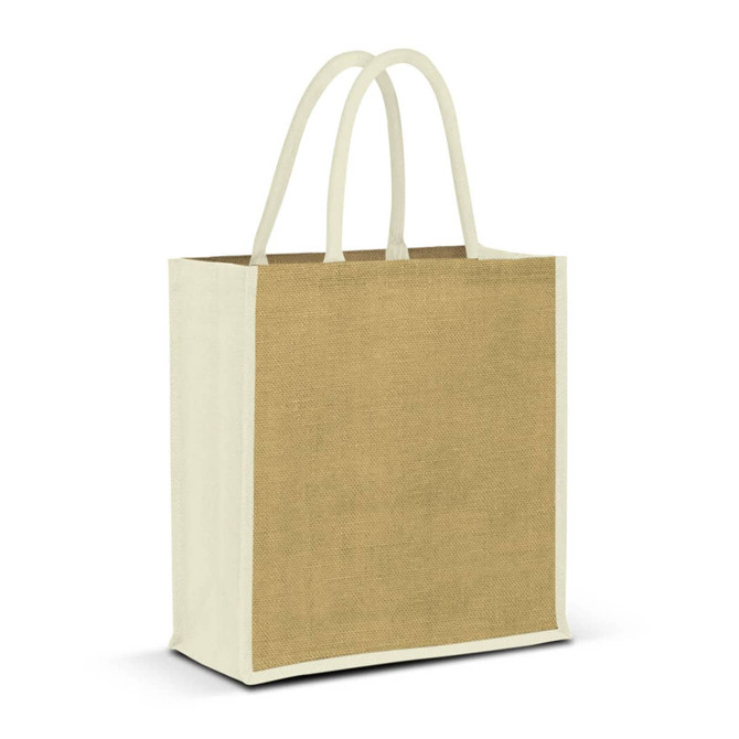 A jute tote bag in natural brown with cream handles, featuring a simple, unbranded design.
