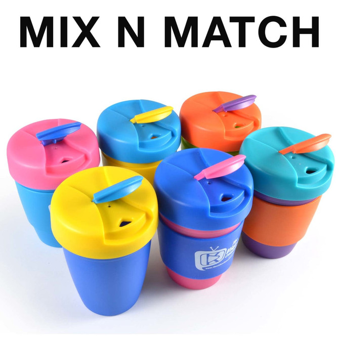 A set of reusable coffee cups in vibrant colors, featuring silicone bands and a secure lid design.