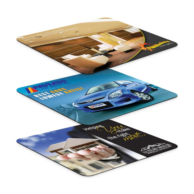 Three colourful mouse mats featuring various images and branding, showcasing different designs suitable for office use.
