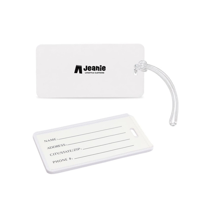 A white luggage tag featuring a clear loop attachment, with spaces for personal information and a logo on one side.