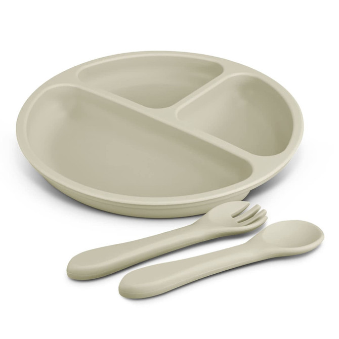A pale green kids plate set featuring a divided plate and matching cutlery, including a fork and spoon.