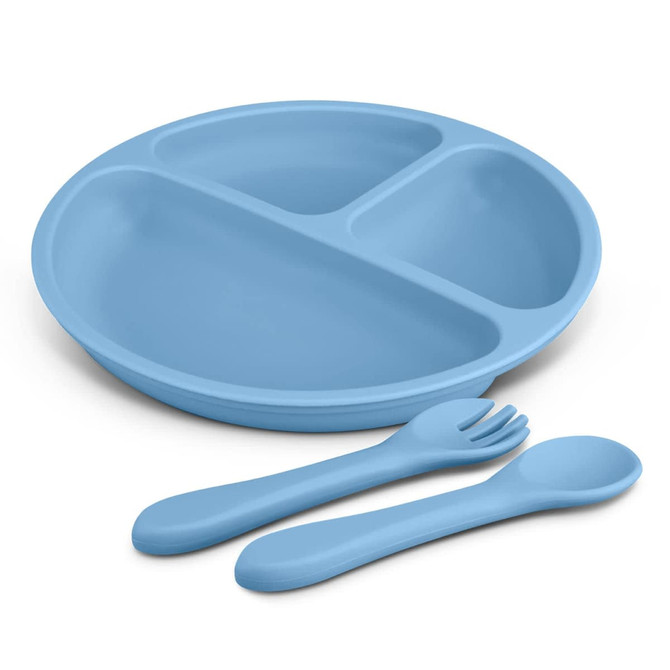 A light blue kids plate set featuring a divided plate and matching fork and spoon, all in a soft, durable material.