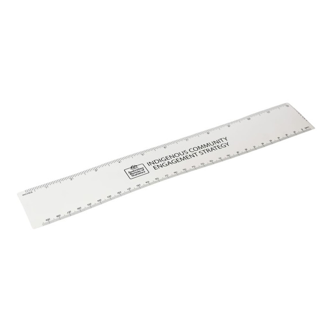 A clear, plastic ruler with metric measurements and a logo on it.