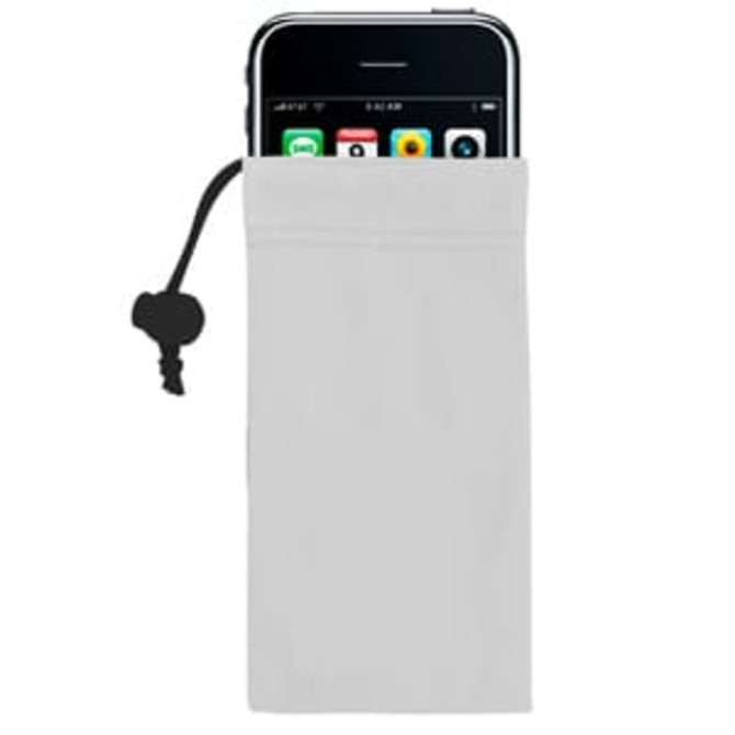 A grey microfibre pouch designed for cleaning and protecting cameras and mobile phones. Features a drawstring closure.