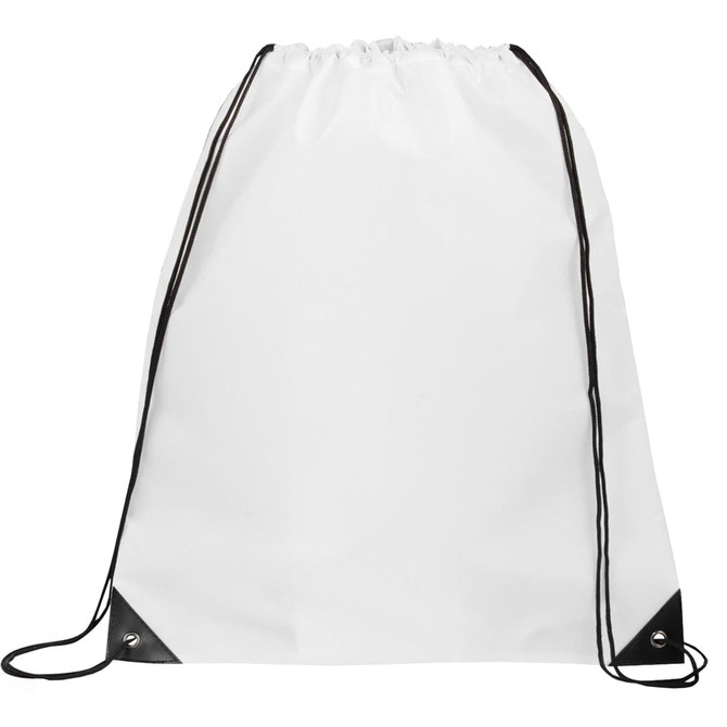 A white drawstring bag with black accents and drawstrings, featuring a branding logo.