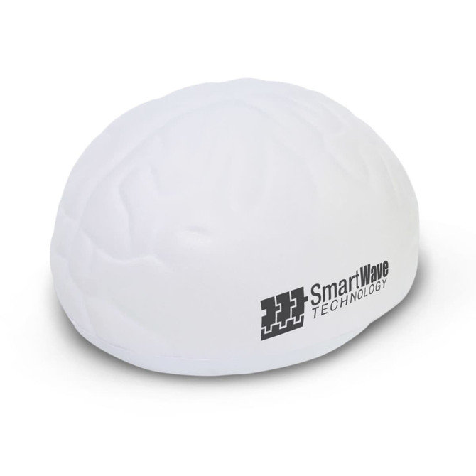 A white stress shape designed like a brain, featuring a logo on one side.