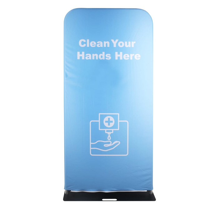 A blue dispenser stand with a graphic of a hand and a droplet, featuring a logo at the base.