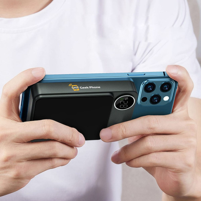 A blue power bank is attached to a smartphone, featuring a logo and a sleek design for charging convenience.