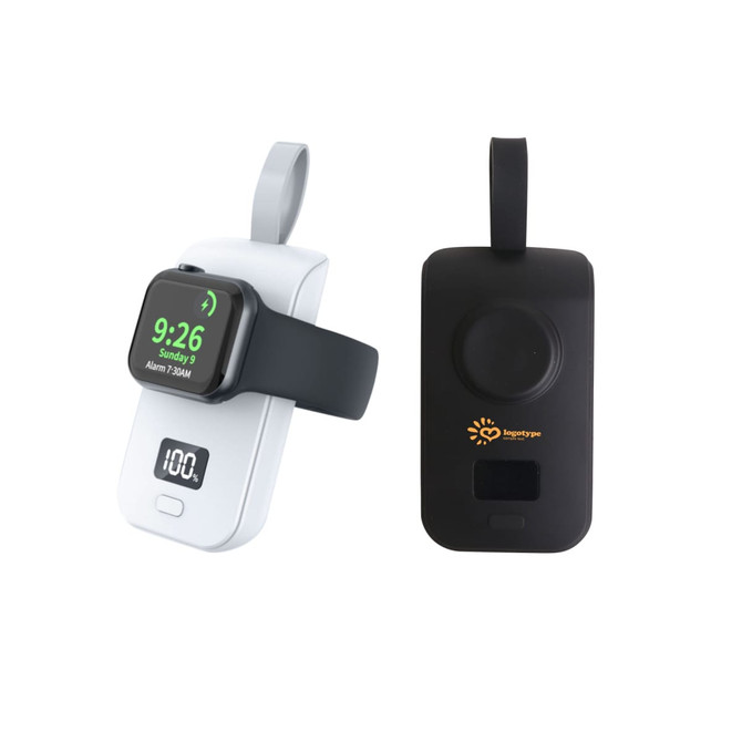 A portable power bank in white and black, designed for charging Apple Watches, with an attached strap.