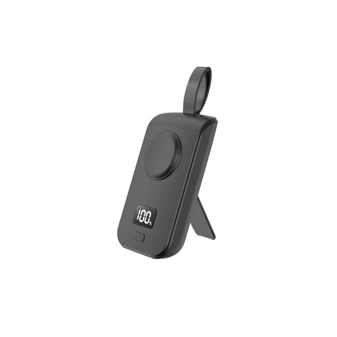 A black portable power bank for Apple Watch with a built-in stand and a digital display.