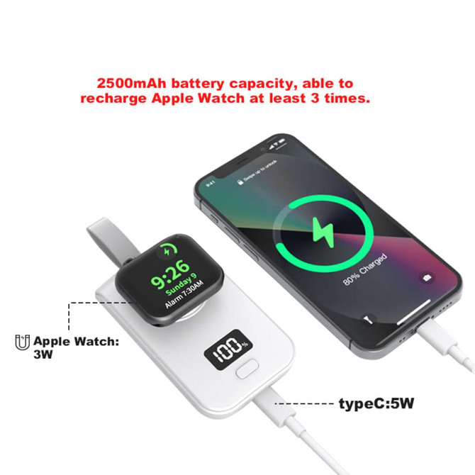 A white portable power bank with a 2500mAh capacity, designed for charging Apple Watches, alongside a phone.