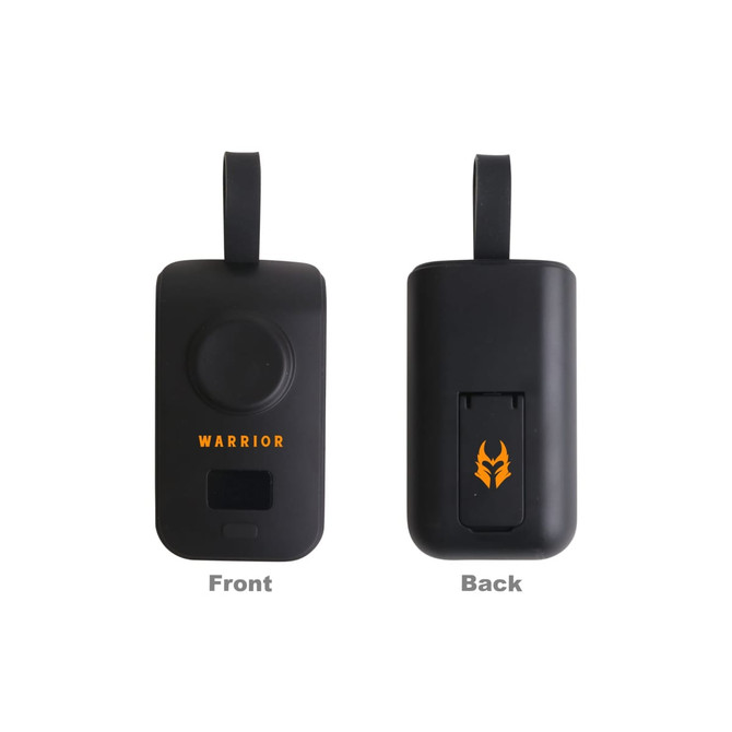 A black portable power bank for Apple Watch featuring a circular button, a small display, and a logo.