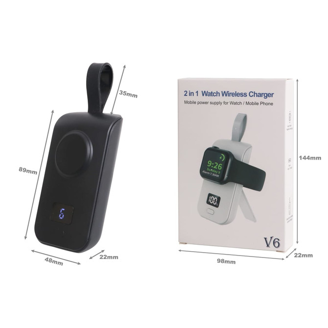 A portable black power bank with a loop for carrying, alongside its packaging displaying a wireless watch charger design.
