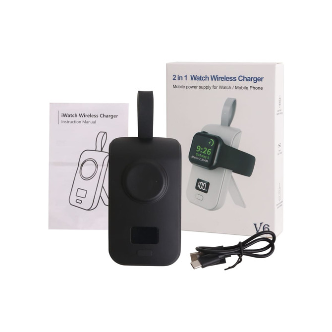 A black portable power bank for Apple Watch and mobile phones, accompanied by an instruction manual and a USB cable.