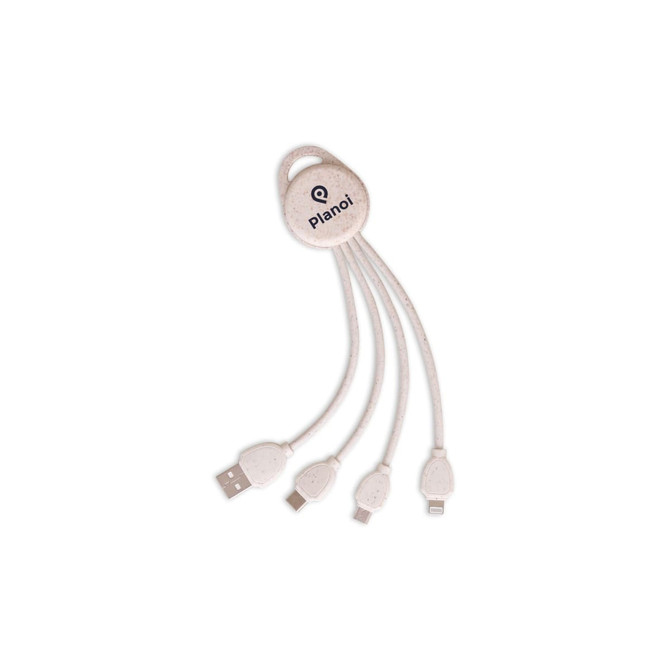 A round-shaped charging cable in a light colour, featuring multiple connectors and a logo.