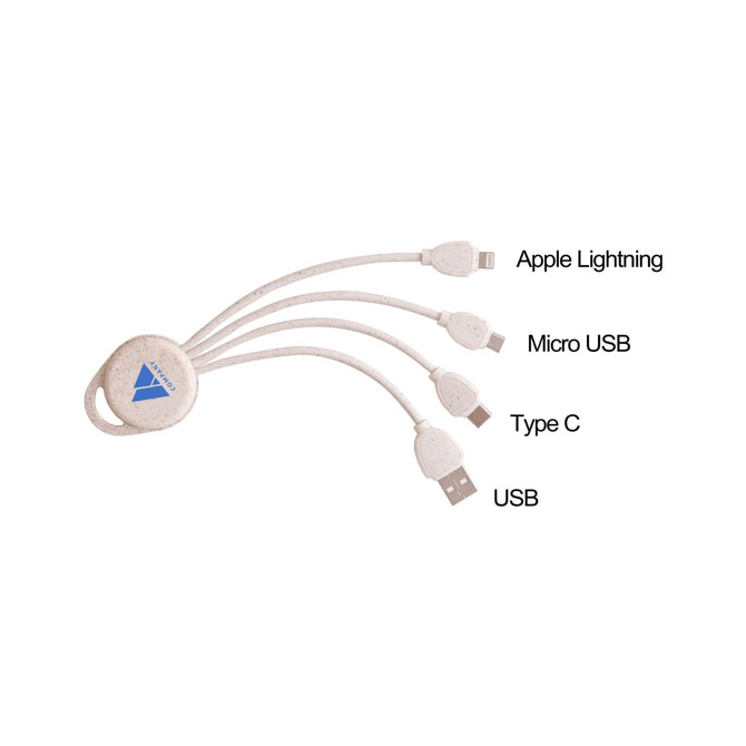 A round wheat straw charging cable in cream, featuring Apple Lightning, Micro USB, Type C, and USB connectors.