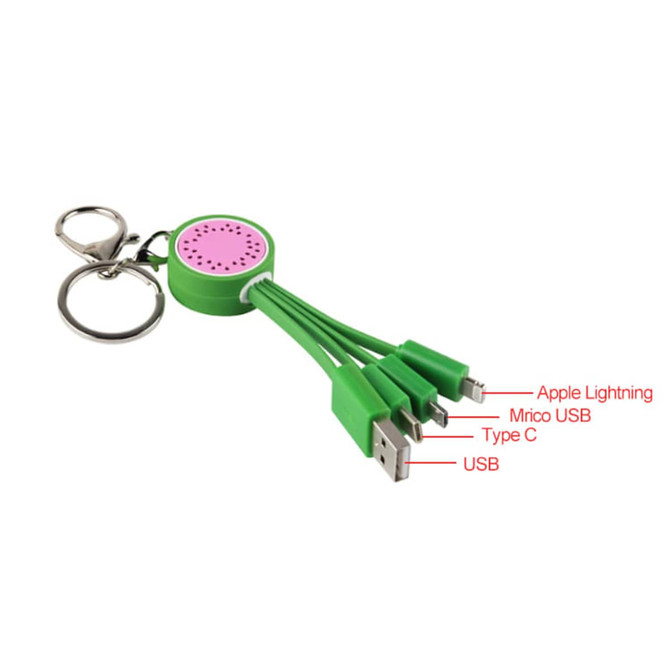 A green custom shape PVC charging cable with a keyring, featuring multiple connectors: Apple Lightning, Micro USB, Type C, and USB.