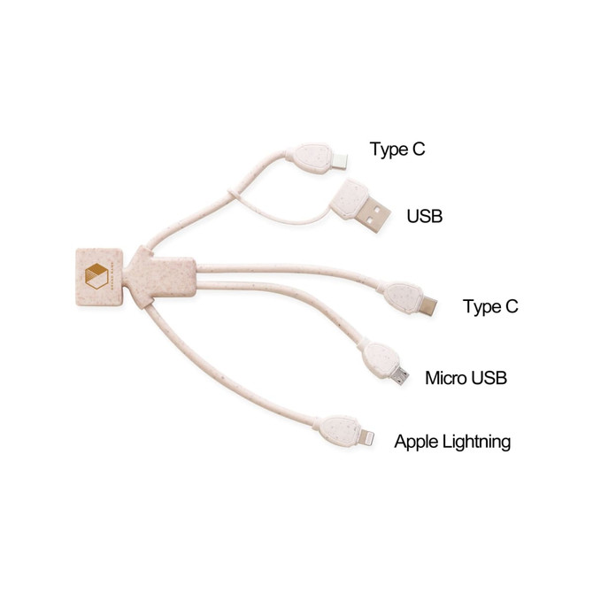 A wheat straw multi-charging cable in a man shape, featuring Type C, USB, Micro USB, and Apple Lightning connectors.