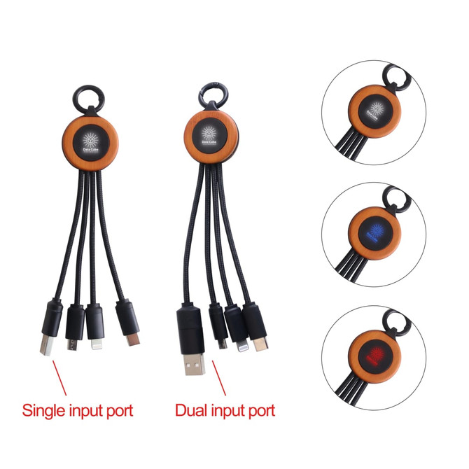 A round light-up charging cable in orange and black, featuring single and dual input ports with a logo.