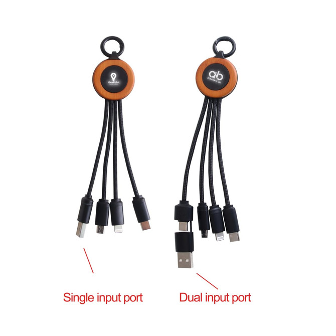 A round, light-up charging cable featuring multiple connectors in black and silver, with a branding logo.
