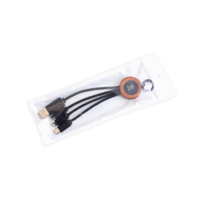 A round, light-up charging cable with multiple connectors, displayed in a clear package. Features a logo on the round part.