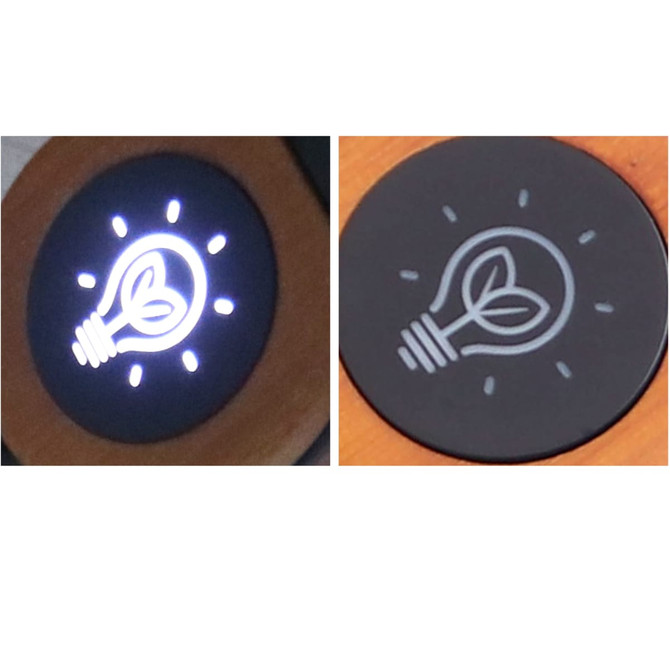 A round light-up icon featuring a light bulb with a leaf design, illuminated against a dark background.
