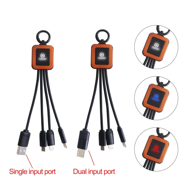 A charging cable with a square-shaped connector featuring dual input ports, black cords, and a branded logo.