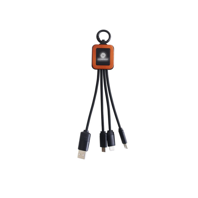 A square-shaped light-up charging cable with three connectors—USB, Micro USB, and Type-C. The cable is black with an orange connector.