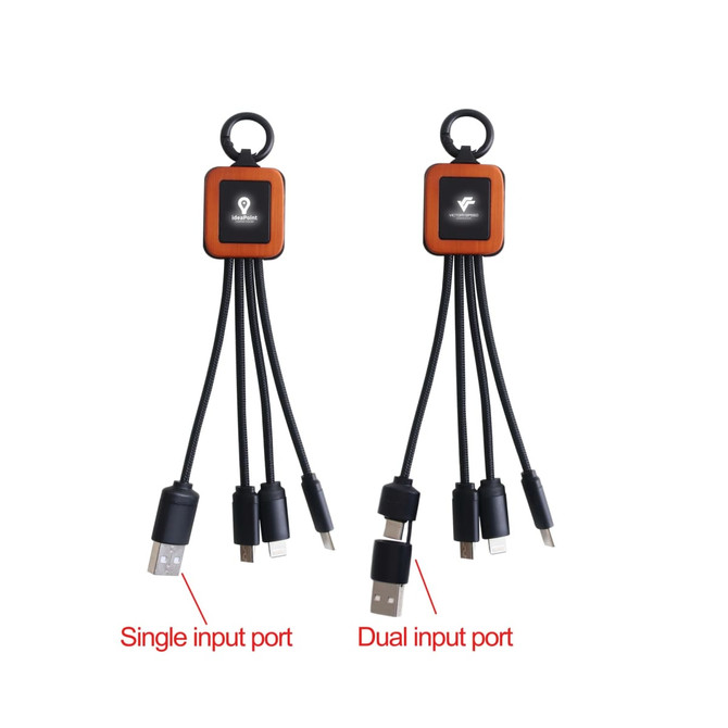 A charging cable with a square-shaped design, featuring black cords and two types of input ports, alongside a logo.