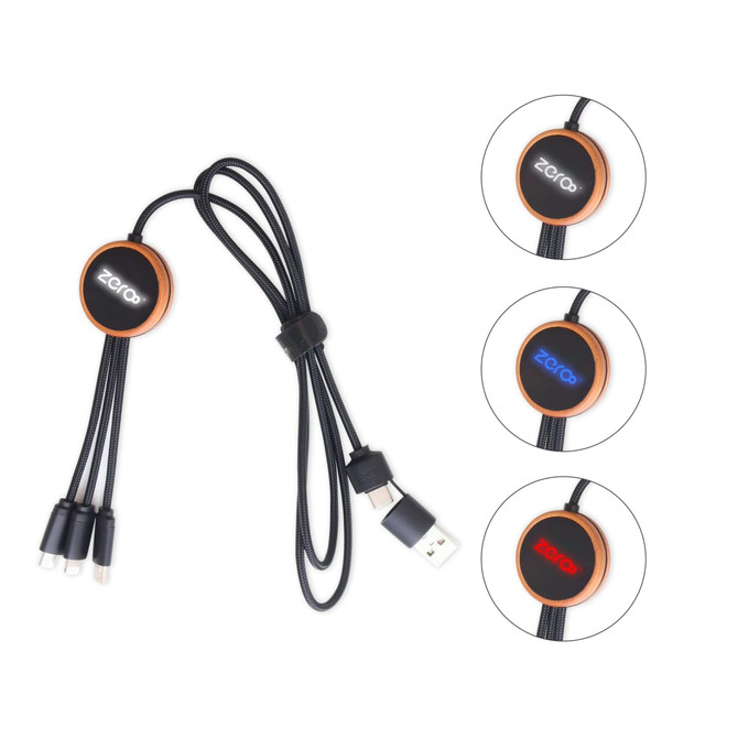 A round-shaped charging cable with a black and coloured braided design. It features a logo and multiple connection options.