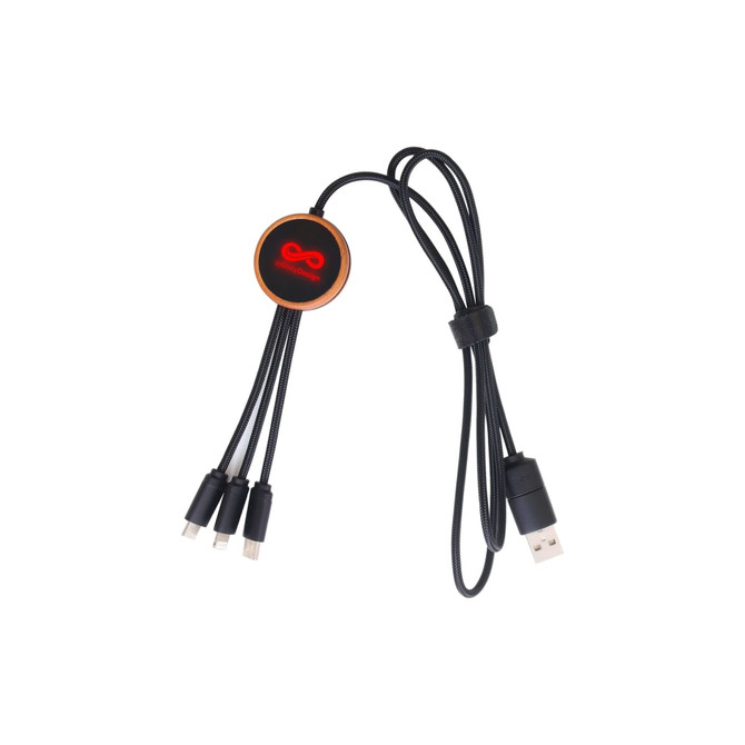 A round-shaped, black long light-up charging cable featuring a central logo and multiple connectors.