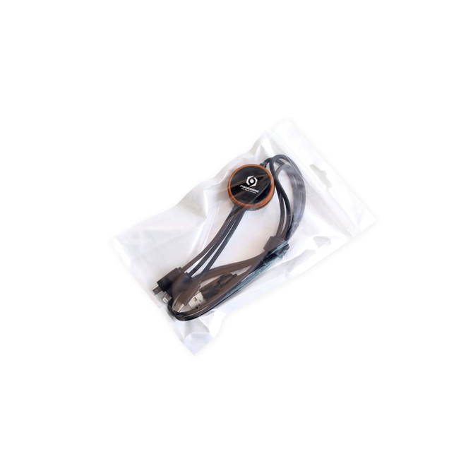 A round shape charging cable in a clear bag, featuring a black colour with an orange accent and a logo.