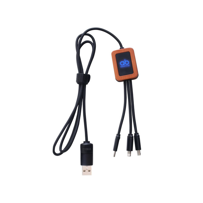 A square-shaped charging cable with a wooden accent. It features multiple connectors and has a textured black cord.