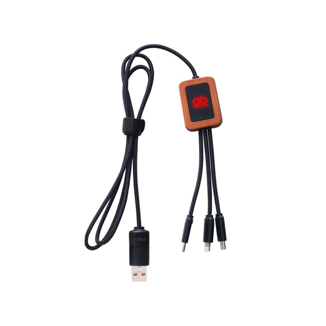 A long square-shaped charging cable with a wooden connector, featuring a black braided cable and a logo on the attachment.