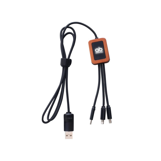A square-shaped charging cable with a textured wooden connector and three outlets, featuring black braided cords.