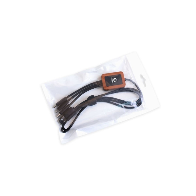 A long, square-shaped light-up charging cable in black packaging, featuring multiple connectors and a logo.