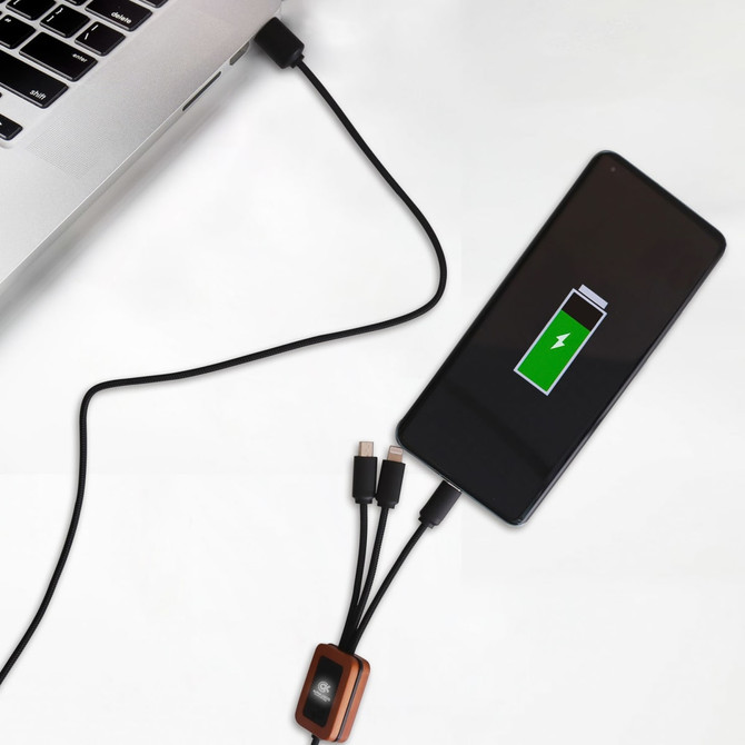 A square-shaped black long light-up charging cable connected to a laptop and a smartphone displaying a charging icon.