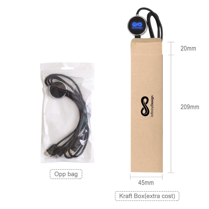 A black 3-in-1 charging cable in an opp bag, packaged in a kraft box. The cable features a circular connector.