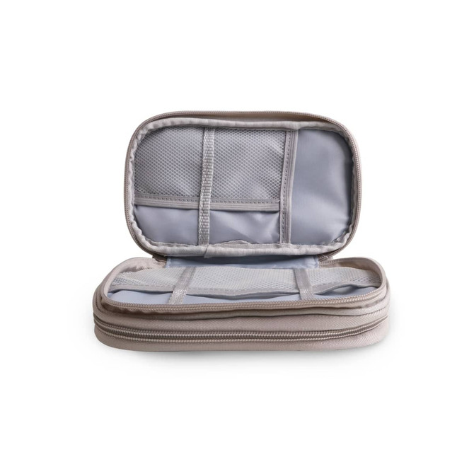 A beige electronic accessory organiser bag with a zip, featuring mesh pockets inside for storage.