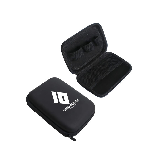 A small black zipper case with an internal mesh pocket and compartments for organisation, featuring a logo.