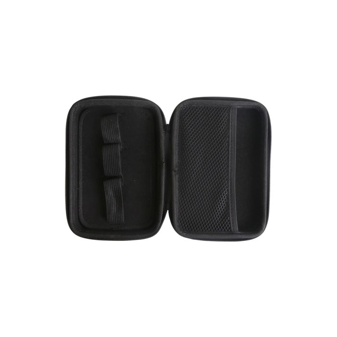 A small black zipper case opens to reveal a pocket and elastic straps on one side and a mesh compartment on the other.