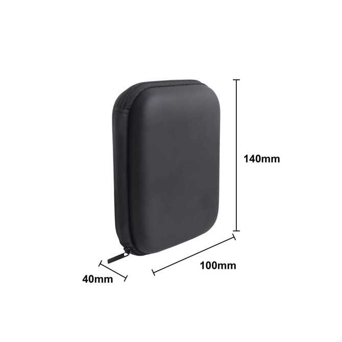 A small black zipper case with dimensions of 140mm x 100mm x 40mm and a visible zip closure.