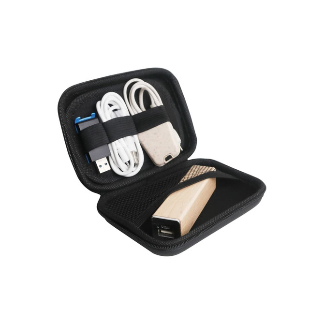 A small black zipper case containing cables and a portable charger, showcasing a sleek and compact design.