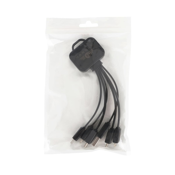 A square-shaped light-up charging cable in black, featuring multiple connectors, packaged in a clear bag.
