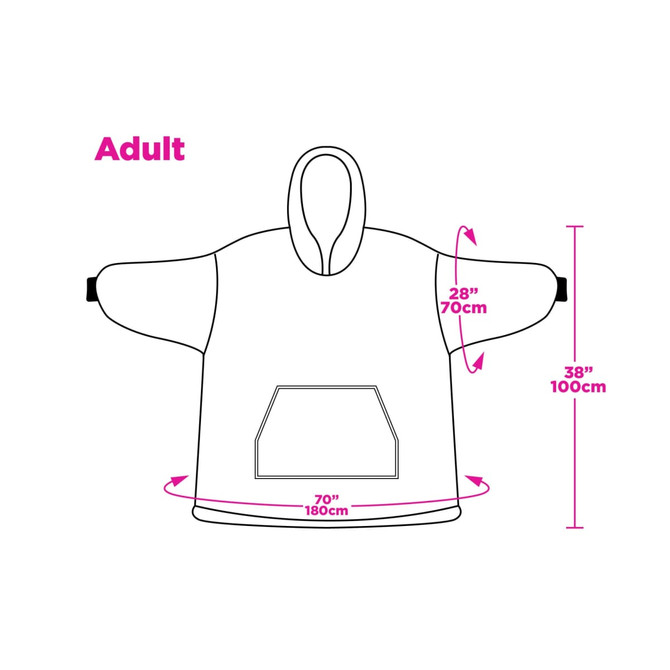 A diagram of an adult-sized wearable blanket in a simple design, featuring measurements and a pocket.