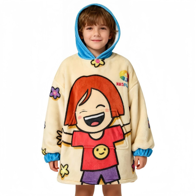 A wearable blanket in cream with a cartoon character design, featuring a blue hood and floral accents.