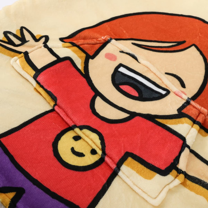 A vibrant wearable blanket featuring a cheerful cartoon character with a red shirt and a smiley face design.