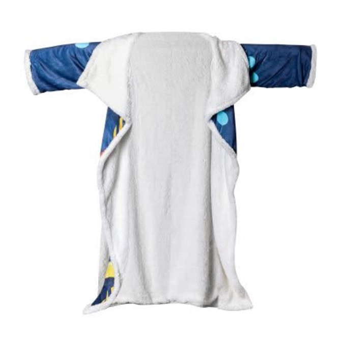 A plush, premium blanket in blue and white with a logo, featuring a sublimated front design.